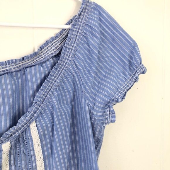 Hollister Blue & White Blouse with Lace Detail and Elastic Neckline Large - Picture 5 of 9